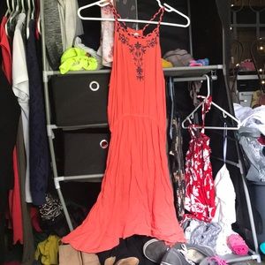 Coral spaghetti strap halter top dress